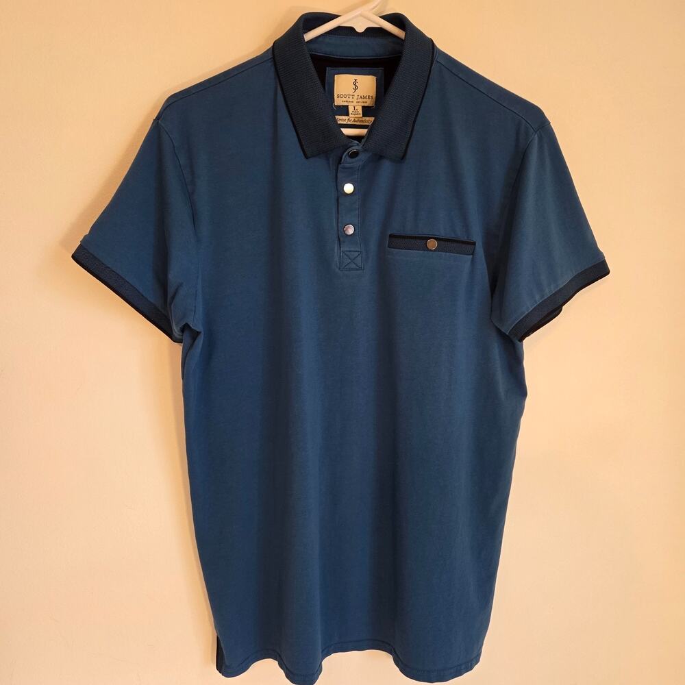 Scott James Mens L Blue Stretch Cotton Snap Polo Shirt Chest Pocket